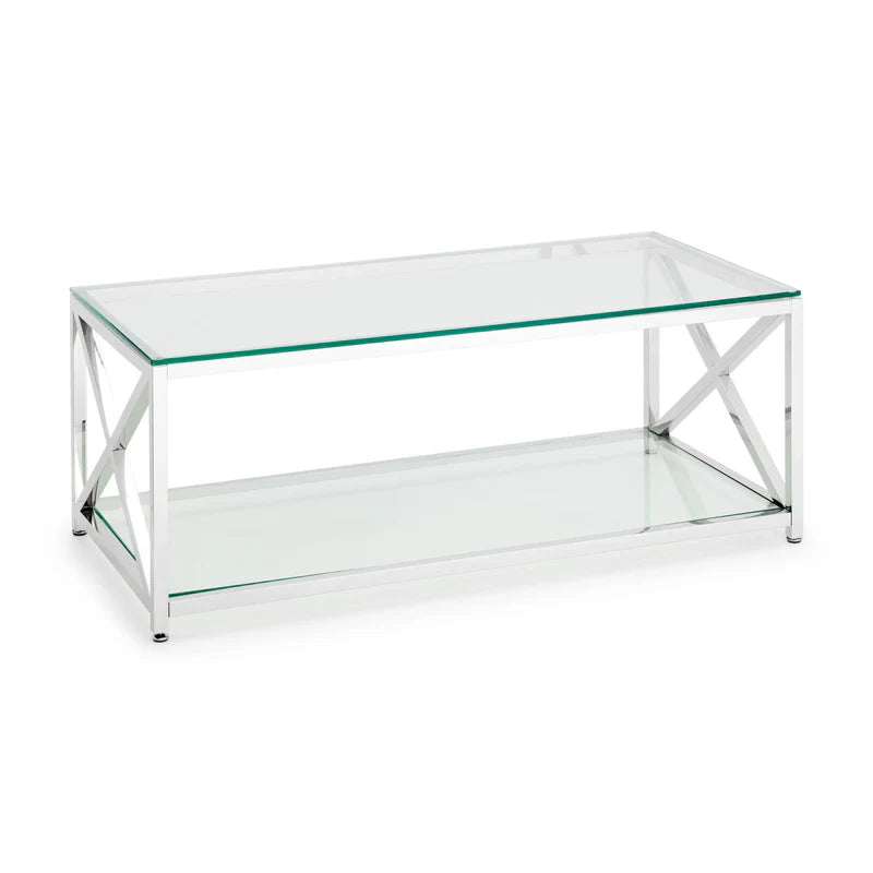 Glass coffee table with metal frame on a white background