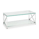 Glass coffee table with metal frame on a white background