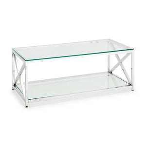 Glass coffee table with metal frame on a white background