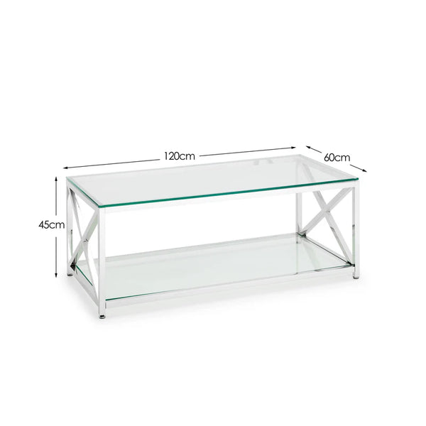 Glass coffee table with metal frame and dimensions labeled on a white background