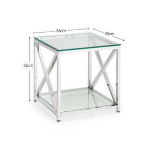Glass side table with metal frame and dimensions on a white background