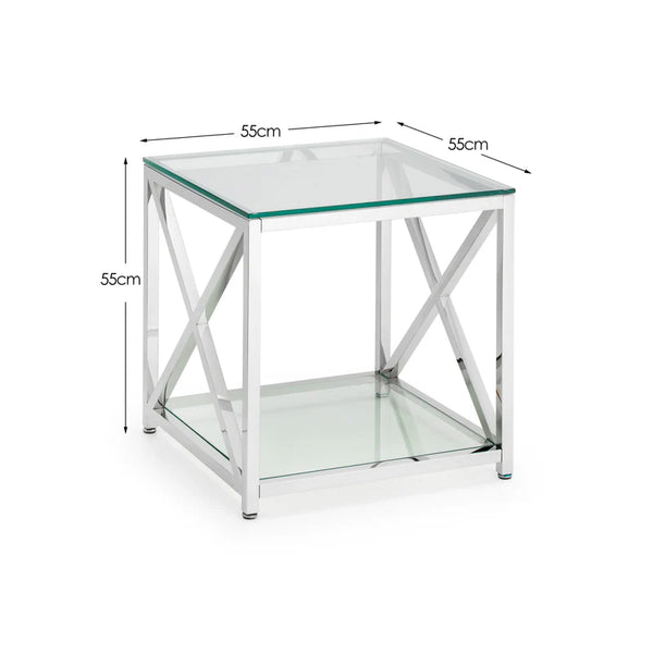 Glass side table with metal frame and dimensions on a white background