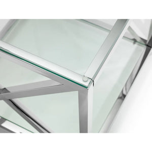 Close-up of a glass and metal structure with a white background