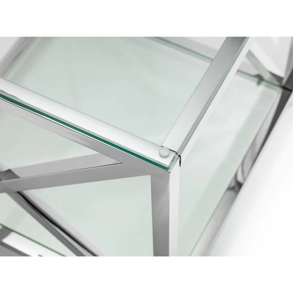 Close-up of a glass and metal structure with a white background
