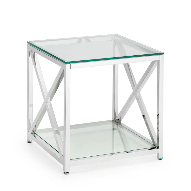 Glass side table with metal frame on a white background