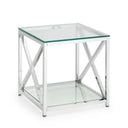 Glass side table with metal frame on a white background