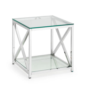 Glass side table with metal frame on a white background