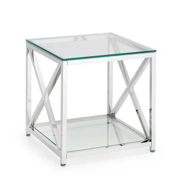 Glass side table with metal frame on a white background