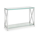 Glass console table with metal frame on a white background