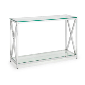 Glass console table with metal frame on a white background
