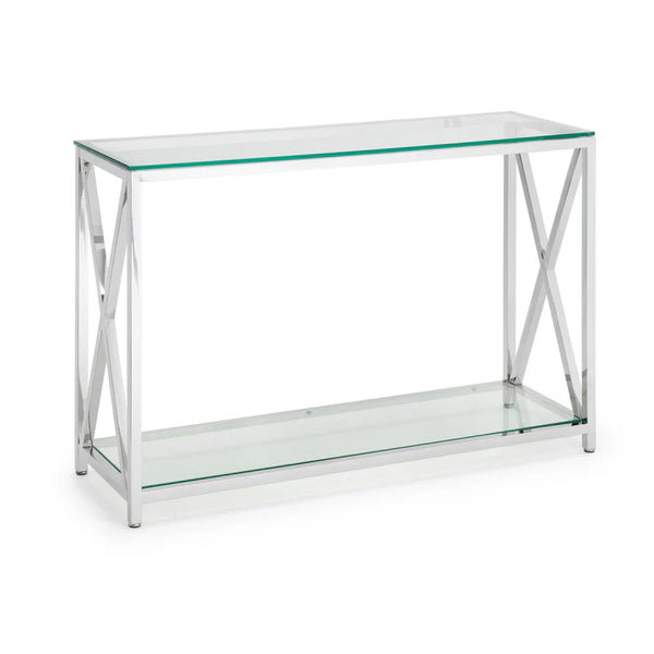 Glass console table with metal frame on a white background
