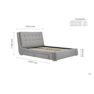 Gray upholstered bed with dimensions labeled on a white background