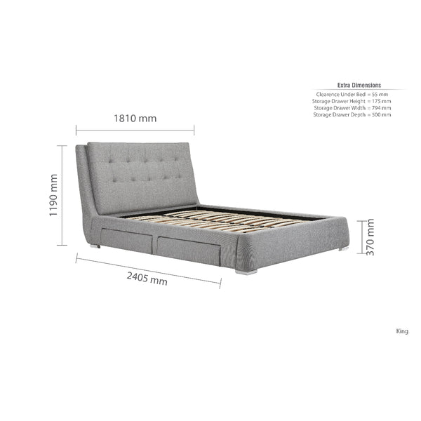 Gray upholstered bed with dimensions labeled on a white background