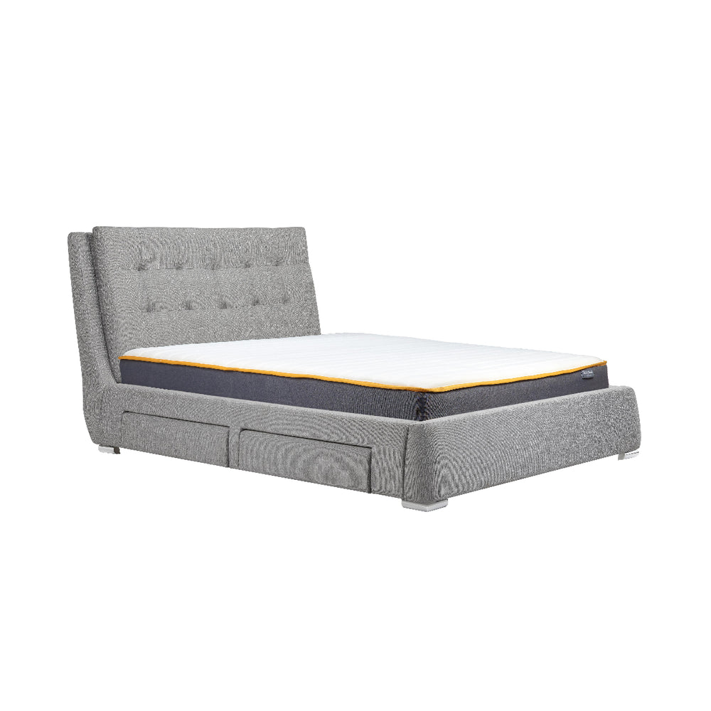 Gray upholstered bed frame with a white mattress on a white background