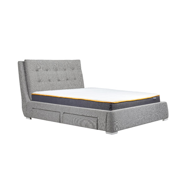 Gray upholstered bed frame with a white mattress on a white background