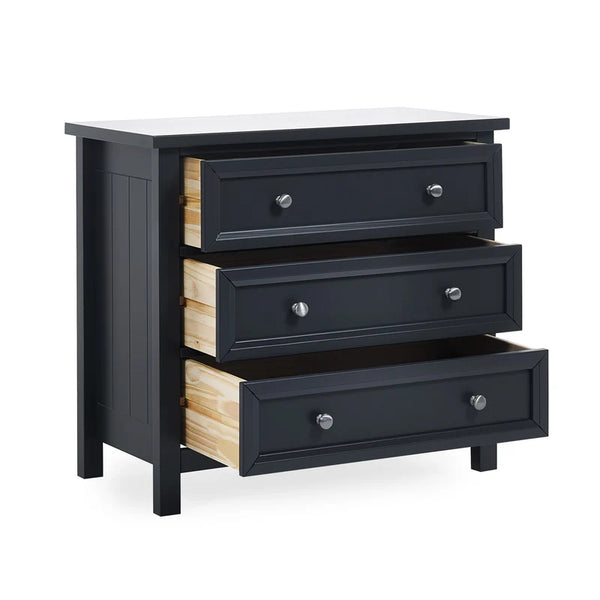 Black three-drawer chest with wooden interior on a white background