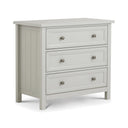 Light gray dresser with three drawers on a white background
