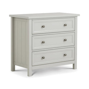 Light gray dresser with three drawers on a white background