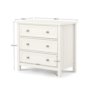White dresser with dimensions labeled on a white background