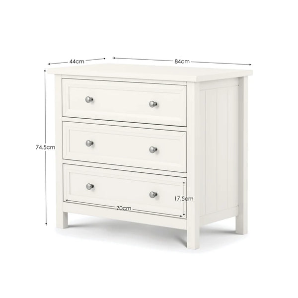 White dresser with dimensions labeled on a white background