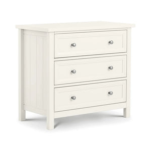 White dresser with three drawers on a white background