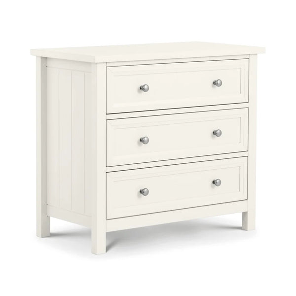 White dresser with three drawers on a white background