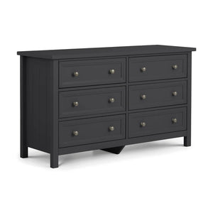 Black dresser with six drawers on a white background