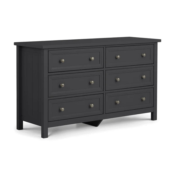 Black dresser with six drawers on a white background