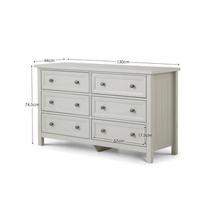 Gray dresser with dimensions labeled on a white background