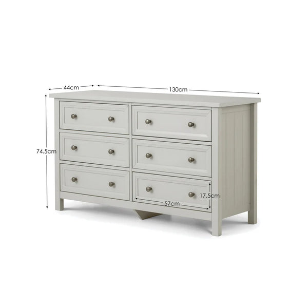 Gray dresser with dimensions labeled on a white background