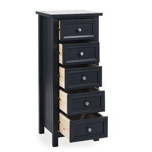 Black five-drawer chest on a white background