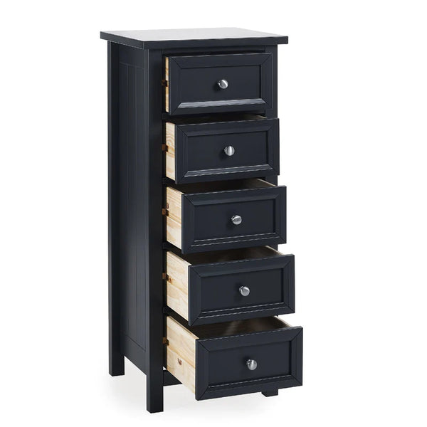 Black five-drawer chest on a white background