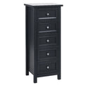 Black five-drawer cabinet with silver knobs on a white background