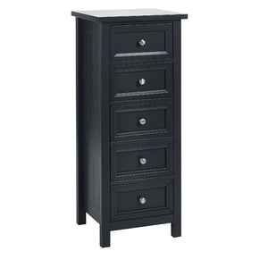 Black five-drawer cabinet with silver knobs on a white background