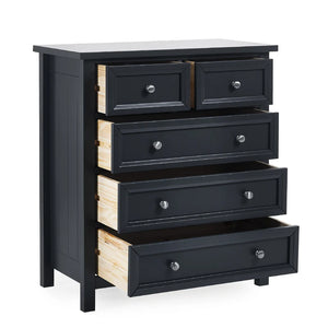 Black dresser with wooden accents on a white background