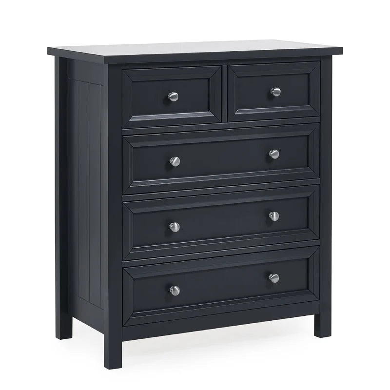 Black dresser with silver knobs on a white background