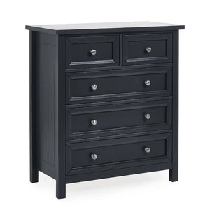 Black dresser with silver knobs on a white background