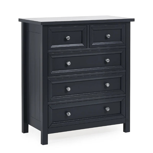 Black dresser with silver knobs on a white background