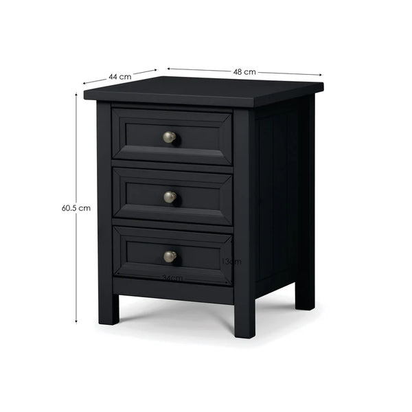 Black nightstand with dimensions on a white background