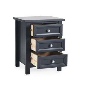 Dark gray nightstand with three drawers on a white background