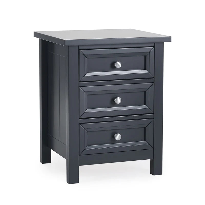 Dark gray nightstand with three drawers on a white background