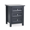 Dark gray nightstand with three drawers on a white background