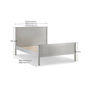 Gray wooden bed with dimensions labeled on a white background