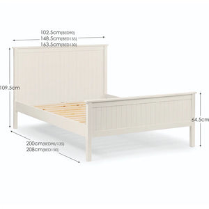 White wooden bed frame with dimensions labeled on a white background
