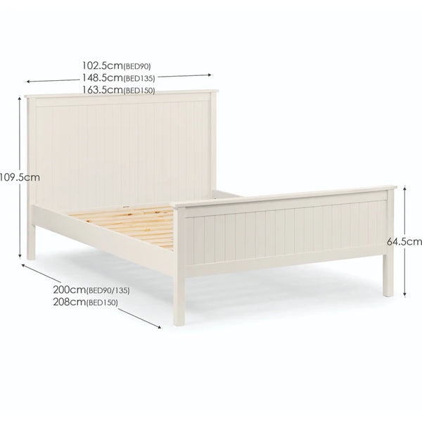 White wooden bed frame with dimensions labeled on a white background
