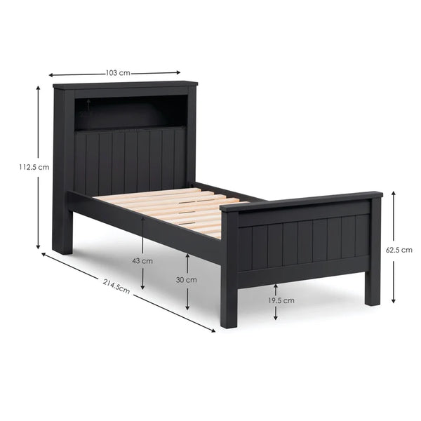 Black wooden bed with dimensions labeled on a white background