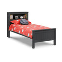 Black bed frame with red bedding on a white background