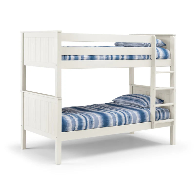 White bunk bed with blue striped bedding on a white background