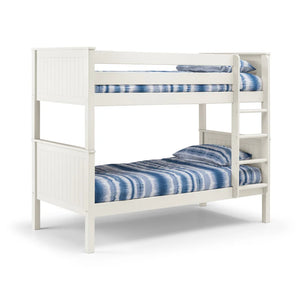 White bunk bed with blue striped bedding on a white background