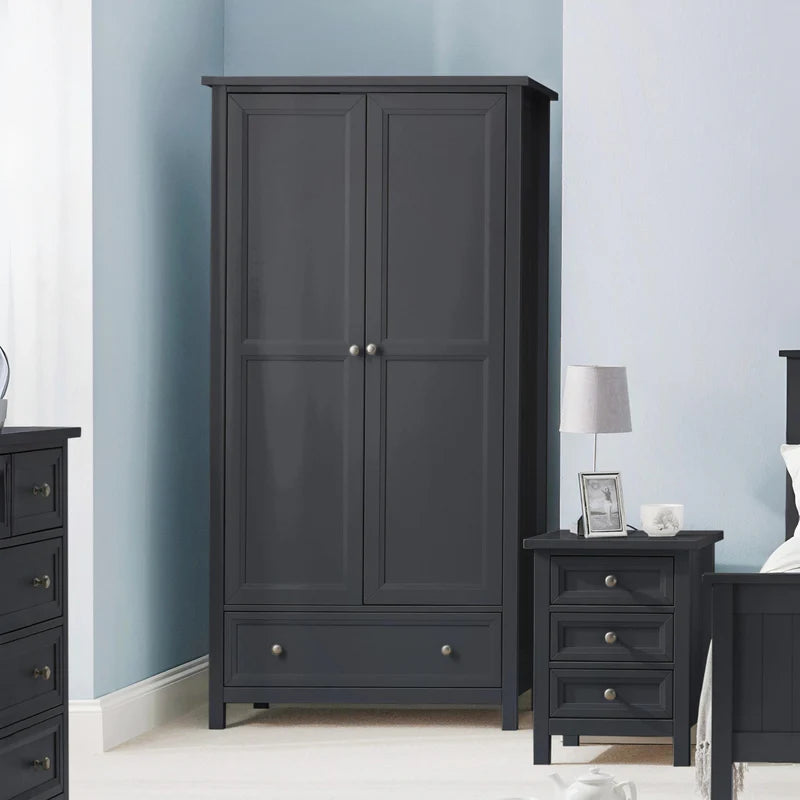 Black wardrobe with two doors and a drawer on a white background